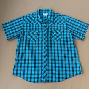 Wrangler Wrancher Mens Western Plaid Pearl Snap Shirt Turquoise Black Cowboy S/S